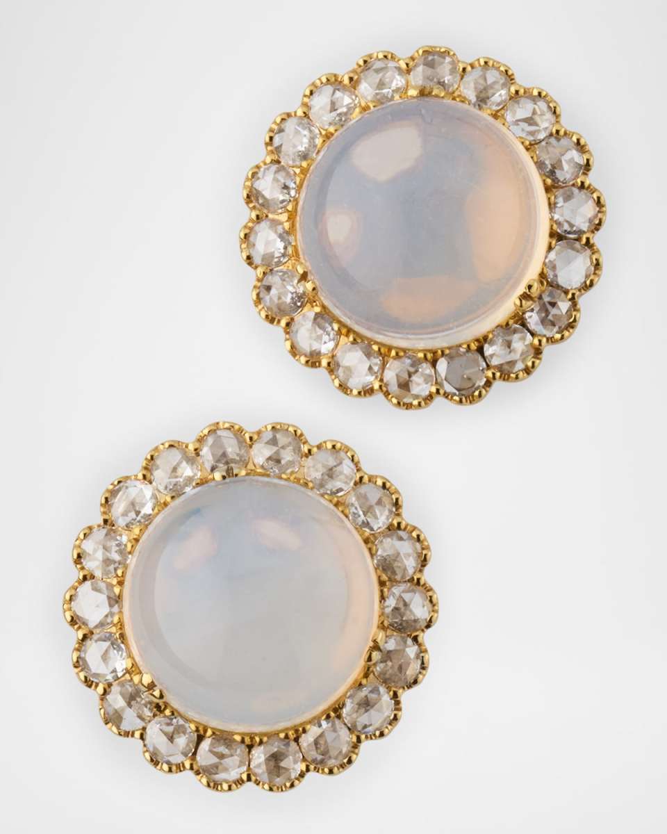 Rock N Roll Moon Quartz Cabochon Stud Earrings with Rose Cut Diamonds in 18K Yellow Gold